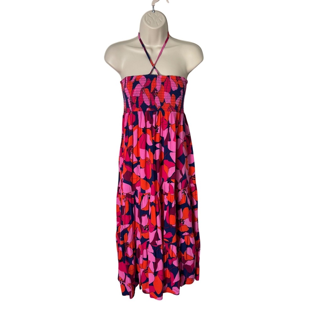 Abel The Label Floral Smocked Tiered Maxi Dress Pink‎ Tropical Vacation Size